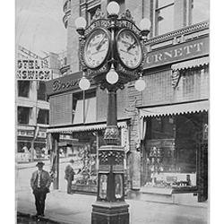 Burnett Brothers clock on 1st and Columbia, Seattle. Don Bugh Collection. 