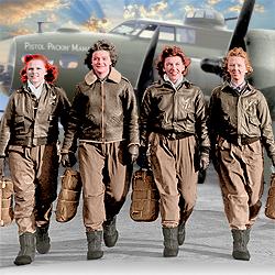 (L to R) Frances Green, Margaret (Peg) Kirchner, Ann Waldner and Blanche Osborn leave their B-17, the Pistol Packin' Mama. 